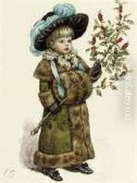 A Young Girl Dressed Up For 
Christmas, Wearing A Fur Coat And Muffand Carrying A Holly Branch Oil Painting by Kate Greenaway