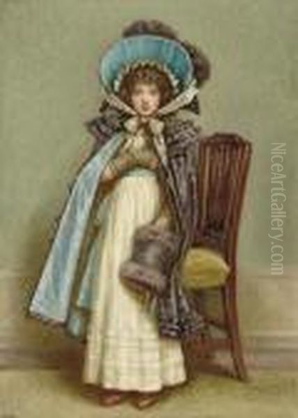 Original Watercolor Of Girl In A
 Longdress, Blue And Grey Cape And Hat, Posed Against A Chair. Oil Painting by Kate Greenaway