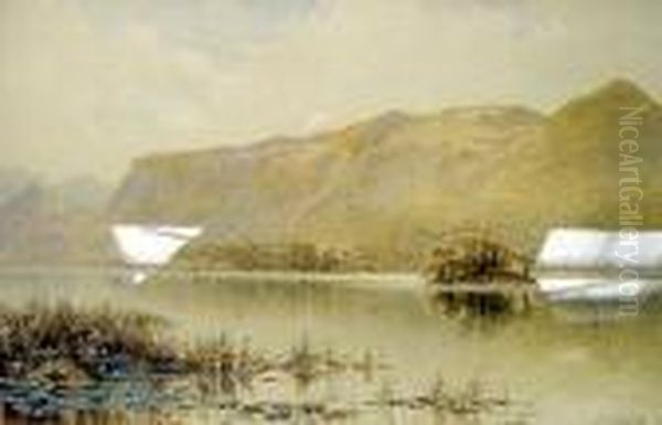 Lakeland View With Reeds To The Fore And Craggy Hills Beyond Oil Painting by Thomas Greenhalgh