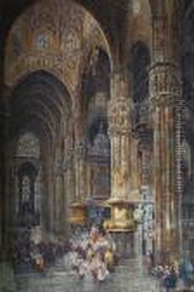 A Continental Cathedral Interior Withprocession Oil Painting by Thomas Greenhalgh
