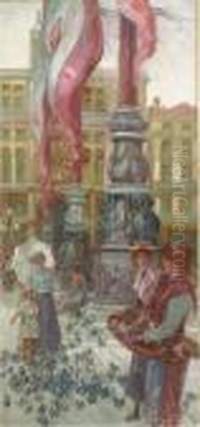 Flower Sellers In A Continental Square Oil Painting by Thomas Greenhalgh