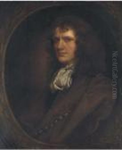 Portrait Of A Gentleman, 
Half-length, In A Brown Coat And White Cravat, In A Sculpted Cartouche Oil Painting by John Greenhill