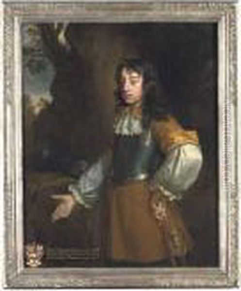 Portrait Of Henry Fermor, 
Three-quarter-length, In A Buff Coat Andbreastplate, Holding A Cane, By A
 Tree Oil Painting by John Greenhill