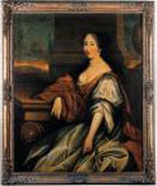 Portrait Of A Lady Seated 
Three-quarter Length, In A White Dressand A Brown Wrap, Before A Pillar A
 Landscape Beyond Oil Painting by John Greenhill
