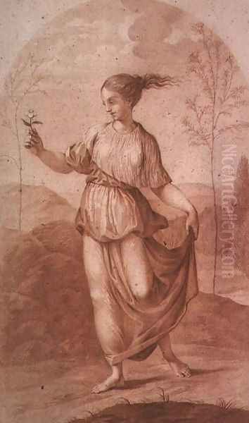 A Young Woman walking bare-footed in a Landscape Oil Painting by Giovanni Batista Cipriani