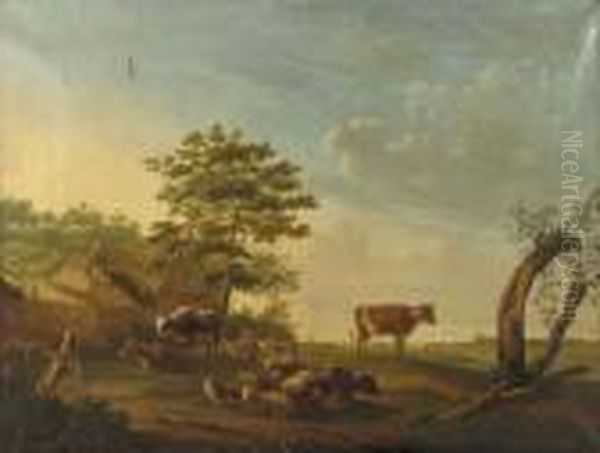 Cattle, Sheep And Goats In A 
Landscape, A Cowherd Conversing With A Peasantwoman Near A Farmhouse 
Beyond Oil Painting by Gillis Smak Gregoor