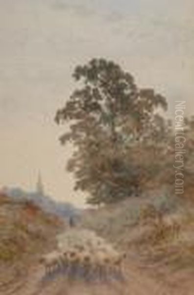 Shepherd And Flock On A Country Lane Oil Painting by George Gregory