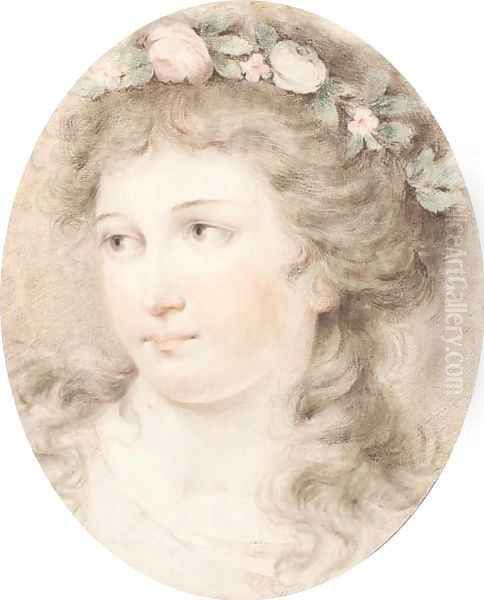 Head of a girl crowned with flowers Oil Painting by Giovanni Batista Cipriani