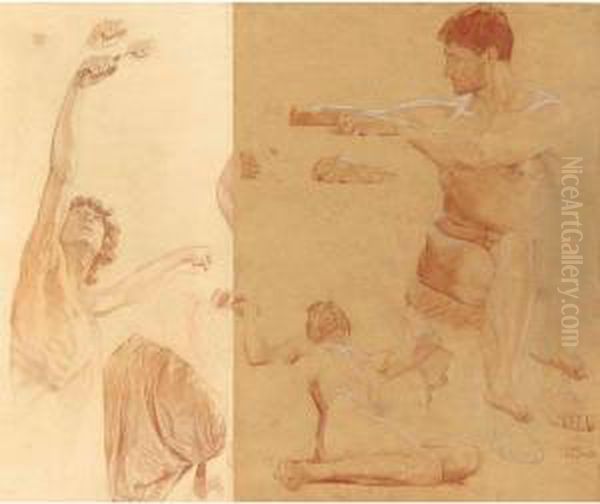 Study Of A Man With Raised Arms 
And A Study For Prometheus And Athena Creating Man: Two Works Oil Painting by Otto Greiner