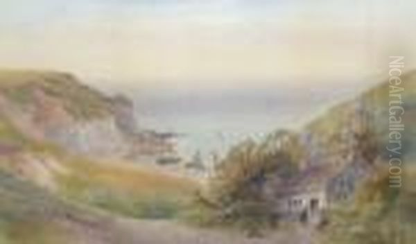 Nsa -- Figures By A Cottage With
 Cliffs And A Fishing Cove Below; Watercolour, Signed, 43x68.2cm Oil Painting by Frank Gresley