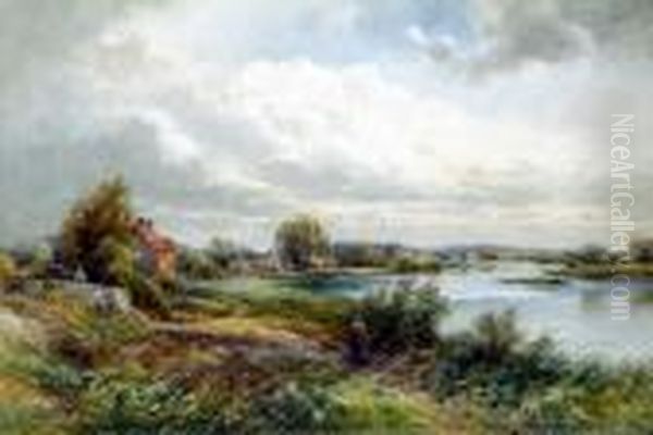 View Of The Trent At 
Swarkestone, From The Bridge, Summer Landscape With Figures And Poultry Oil Painting by Frank Gresley