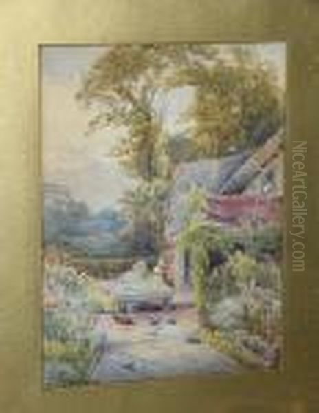 Birds Feeding With Cottage 
Beyond, Signed And Dated 'frank Gresley 11', Watercolour Heightened With
 White Oil Painting by Frank Gresley