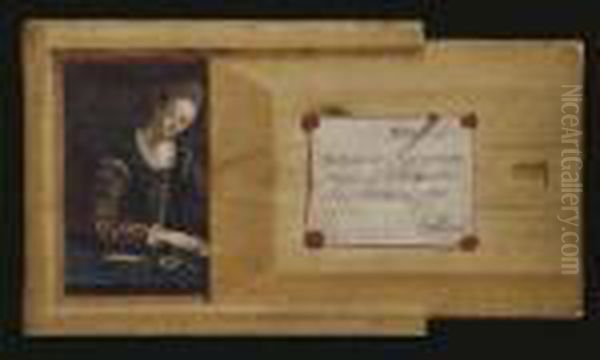 A Trompe L'oeil Of A Box, 
Half-open, With A Portrait Of A Lady, Half-length At A Ledge, Writing A 
Letter Oil Painting by Gabriel Gresly