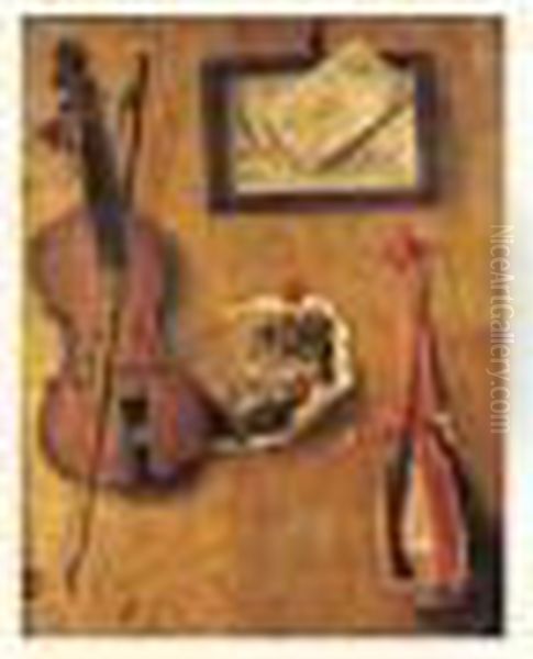 Trompe-l'oeil Au Violon Et Aux Gravures Oil Painting by Gabriel Gresly