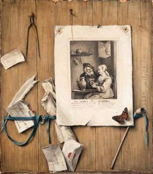 A Trompe L'oeil Of An Engraving 
Of David Teniers Ii's Surprisedlovers, Letters, A Bill, Two Scrolls, A 
Feather, A Pipe And A Pairof Callipers Attached To A Partition, With A 
Fly And Abutterfly Oil Painting by Gabriel Gresly