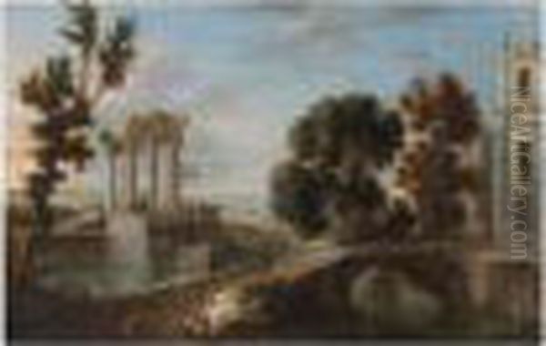 The Grounds Of A Palace With 
Elegant Figures Promendading, A Flock Of Sheep Being Driven Over A 
Bridge, Ruins Beyond Oil Painting by Charles Leopold Grevenbroeck