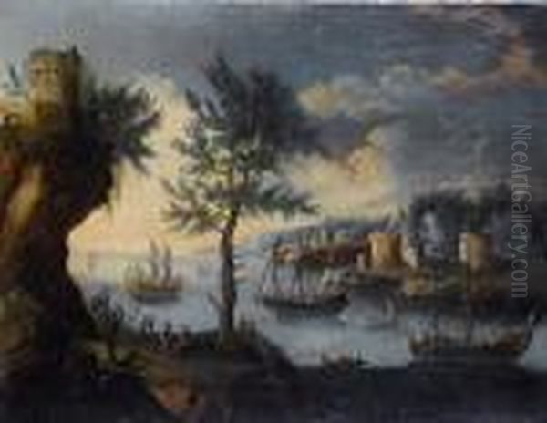A Coastal Inlet With Shipping At
 Anchor; And Arocky Coastline With Shipping At Anchor Beyond Oil Painting by Orazio Grevenbroeck