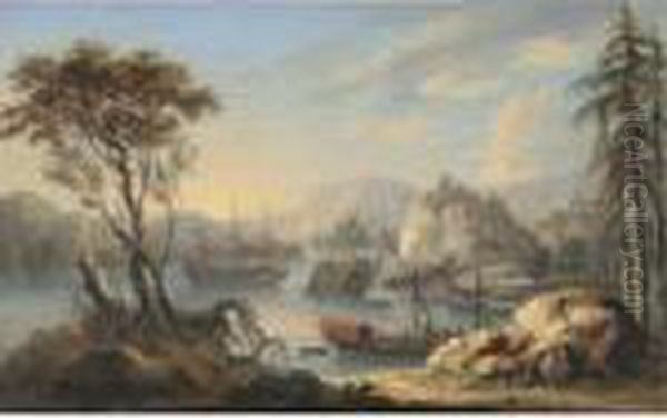 A View Of An Estuary With Moored Frigates Oil Painting by Orazio Grevenbroeck
