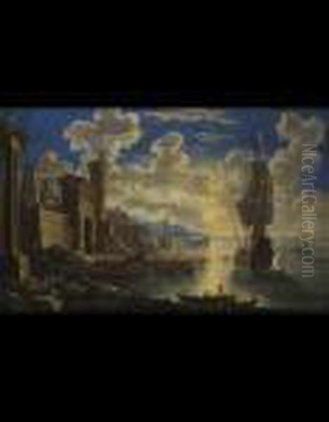 Paesaggio Marino Con Ingresso Ad
 Una Citta Ideale, Velieri In Mare E Pescatori Sulle Rive Oil Painting by Orazio Grevenbroeck