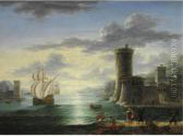 Marina All'alba Con Imbarcazioni, Figure E Un Paese Fortificato Sulla Destra Oil Painting by Orazio Grevenbroeck