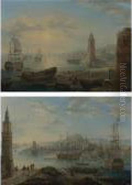 Views Of Mediteranean Port 
Capriccios With Men-o'war And Oriental Figures: A Pair Of Paintings Oil Painting by Orazio Grevenbroeck