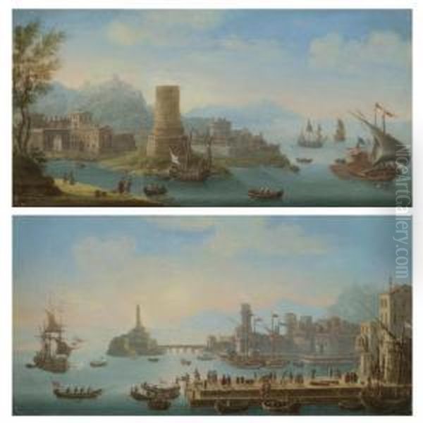 A Mediterranean Harbour Scene 
With Numerous Figures On The Quay And A Man-o-war At Anchor; A 
Mediterranean Estuary Scene With An Ottoman Barge Oil Painting by Orazio Grevenbroeck