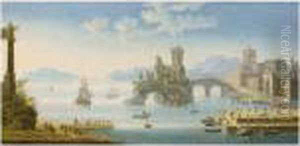 A Mediteranean Harbour Scene 
With Figures On A Shore, Near A Ruin, A Fortified Town To The Left; A 
Mediteranean Harbour Scene With Different Ships, Figures On Shore, A 
Ruin In The Centre And A Fortified Town To The Right Oil Painting by Orazio Grevenbroeck