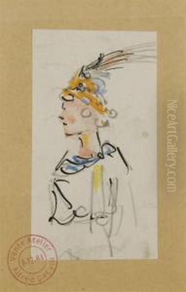 Ensemble De Quatre Dessins 
Representant Un Homme Portant Un Chapeau, Une Elegante Au Chapeau, Une 
Danseuse Vue De Dos Et Un Militaire Avec Son Epee Sur Le Cote Oil Painting by Alfred Grevin