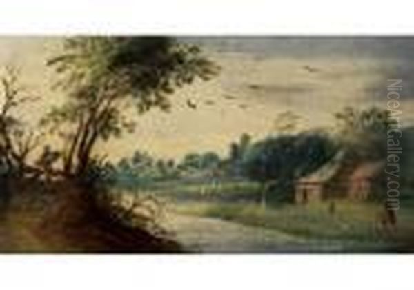 Kleine Niederlandische 
Landschaft Mit Flusslauf, Strohgedeckten Hausern Und Figurenstaffage Oil Painting by Jan Griffier I