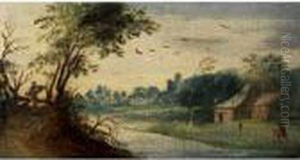 Kleine Niederlandische 
Landschaft Mit Flusslauf, Strohgedecktenhausern Und Figurenstaffage Oil Painting by Jan Griffier I
