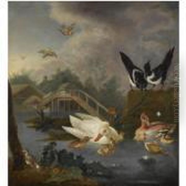 Two Ducks With Chicks, Two 
Magpies, A Chaffinch And Other Birds Ina River Landscape Near A Bridge 
And A Church Tower Oil Painting by Jan Griffier I