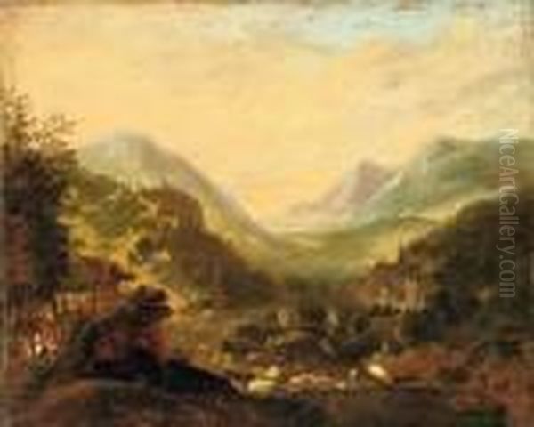 A Rhenish Landscape With 
Travellers And Figures In Moored Boats Near A Castle On A Hill, A Town 
Beyond Oil Painting by Jan Griffier I