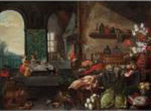 A Kitchen Still Life With A Ham 
And Herring On Silver Plates, A Sugar Jar, A Lobster, Bread, Pheasants, 
Apples, Flowers In A Vase, And Two Glass Bottles In A Silver-gilt Bowl, 
All On A Table, Together With A Peacock, A Bunch Of Turnip-rooted 
Selle Oil Painting by Jan Griffier I