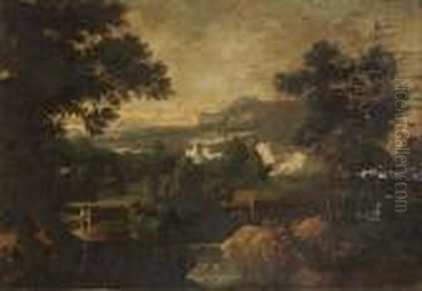 A Wooded River Landscape With Figures On A Track, A Housebeyond Oil Painting by Jan Griffier I