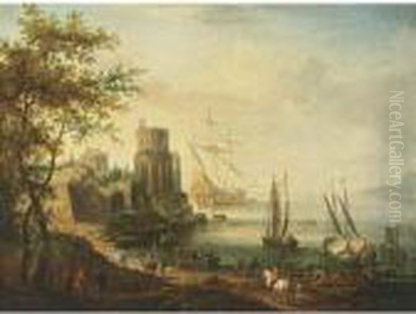 The Elder, A Southern Harbour 
Scene With A Man-of-war And Other Sailing Vessels, Travellers And 
Shepherds With Their Herd And Other Figures Unloading Vessels Oil Painting by Jan Griffier I