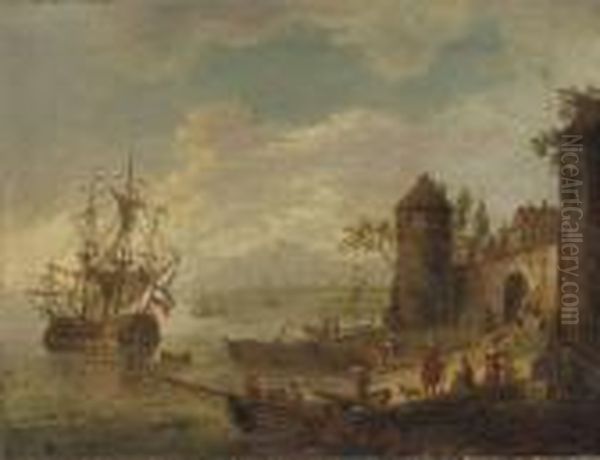 A Coastal Landscape With A 
Sailing Vessel Near A Walled Town, Otherboats And Figures Nearby Oil Painting by Robert Griffier