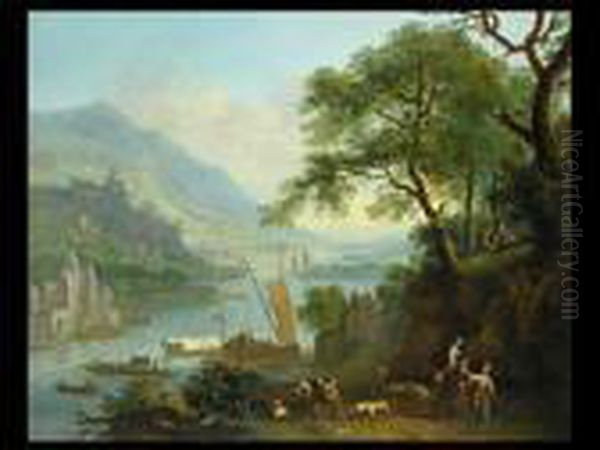 Flusslandschaft Mit Burgen, Schiffen Und Fahre Sowie Hirten Undreitern
Rechts Am Felsen Signiert Oil Painting by Robert Griffier