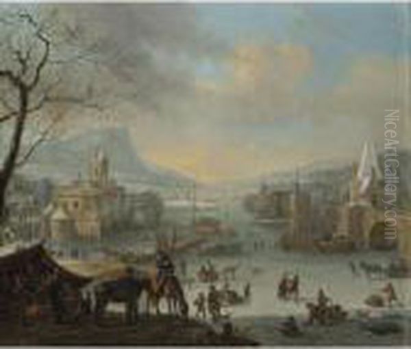 An Extensive Winter Landscape 
With Skaters On A Frozen River And Peasants Warming Themselves Near A 
Fire In The Foreground Oil Painting by Robert Griffier