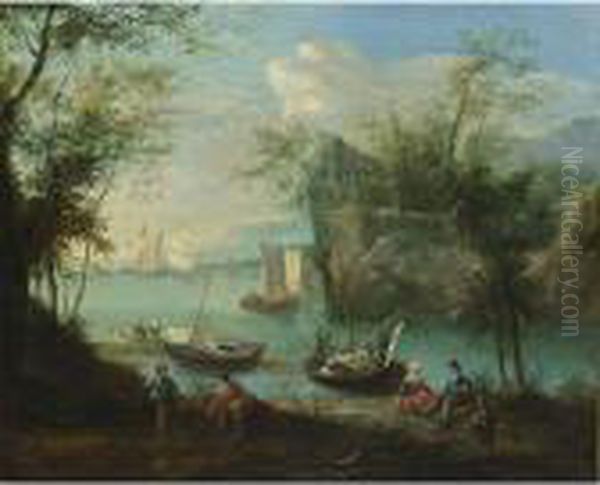 A Wooded River Landscape With 
Sailing Boats And Fishermen With Their Nets In The Foreground Oil Painting by Robert Griffier