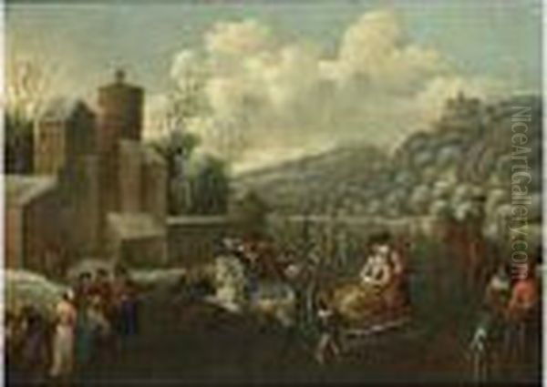 A Winter Landscape With An 
Elegant Couple Sleigh Riding And Other Figures Skating Near A 
Fortification Oil Painting by Robert Griffier