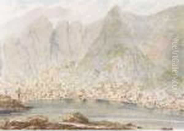 Llyn-y-boch On The Lake Of The 
Grey Goat In Nant Frankon, Caernarvonshire With The Glynden In The 
Distance; The Entrance Into Nant Frankon Oil Painting by Moses Griffiths