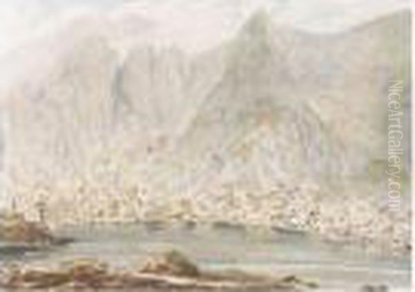 Llyn-y-boch On The Lake Of The 
Grey Goat In Nant Ffrankon, Caernarvonshire With The Glynden In The 
Distance; The Entrance Into Nant Frankon Oil Painting by Moses Griffiths