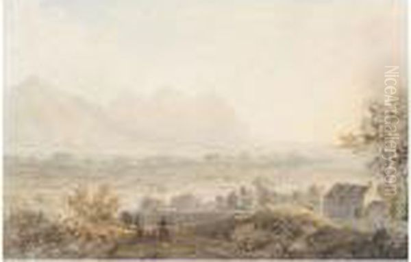 Distant View Of The Eife Hills 
From The Road Between Beddgelert And Caernarvon; Upper Lake At 
Llancerris - Dolbadarn Castle, Caernarvonshire Oil Painting by Moses Griffiths