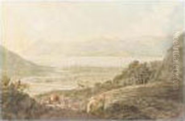 View On The Dee Near Pentir And 
Llantysilio; The Windings Of The Dee And Bala Lake, Merionethshire Oil Painting by Moses Griffiths