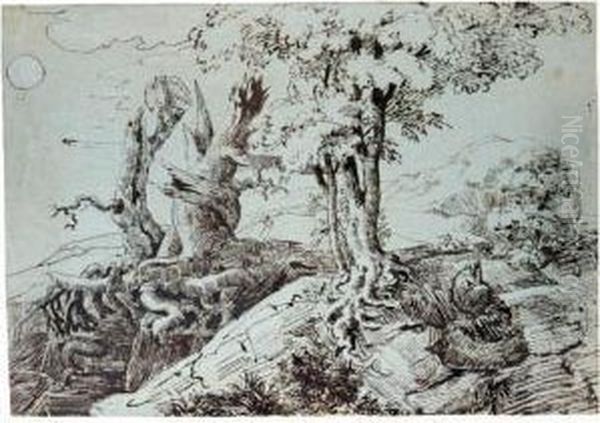 Rugged Moonlit Landscape, With A
 Woman Seated By Gnarled Tree-roots, And An Owl On A Dead Tree-trunk Oil Painting by Ludwig Emil Grimm