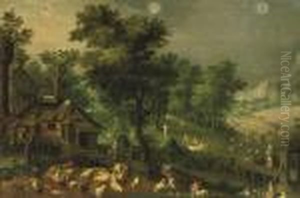 An Allegory Of Summer With Three
 Signs Of The Zodiac: A Wooded Landscape With Peasants Shearing Sheep 
And Harvesting Corn Oil Painting by Abel Grimmer
