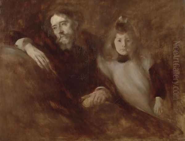 Portrait of Alphonse Daudet (1840-97) and his daughter Edmee, 1891 Oil Painting by Eugene Carriere