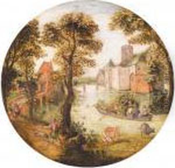 A River Landscape With A 
Huntsman In The Foreground And An Elegant Company In A Boat Beyond Oil Painting by Abel Grimmer