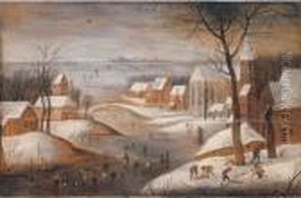 A Wooded Winter River Landscape 
With A Town, Skaters Andwoodchoppers, Another Town Beyond Oil Painting by Abel Grimmer