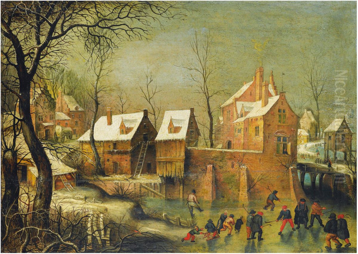 Townscape With Skaters On A Frozen River Oil Painting by Jacob Grimmer